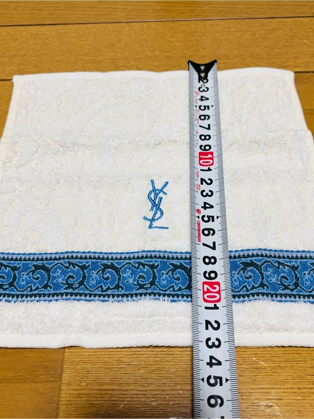 Yves Saint Laurent White Towel with Blue Embroidered YSL size 23cm 9”